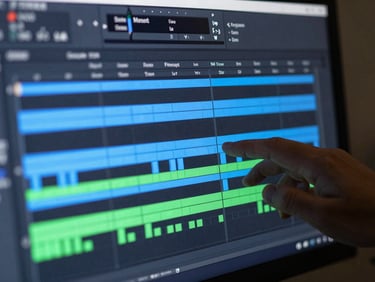 Close-up of a monitor showing motion graphics layers in a video editing timeline, bright blue and green keyframe handles visible, dark interface background, mouse cursor hovering over a clip