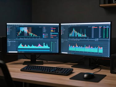 Wide environmental shot of an edit suite with two monitors displaying YouTube analytics dashboards and subscriber growth charts, neon blue screen glow against dark walls