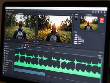 Extreme close-up of a video editing timeline on a dark monitor, color-graded YouTube footage visible in the preview pane, neon green waveforms and cut markers glowing under monitor light