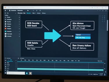 Close-up frame grab from a color-graded B2B SaaS YouTube video — dark blue-toned UI demo sequence with sharp motion graphic overlay arrows and text callouts, editing timeline visible at the bottom edge, monitor glow lighting