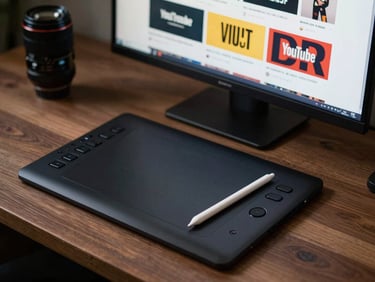 Overhead shot of a desk with a drawing tablet, stylus resting on it, monitor in background showing a YouTube channel branding layout with bold typography and high-contrast color blocks