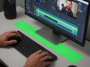 Overhead close-up of hands on a keyboard and mouse during a YouTube video editing session, editing software timeline visible on a monitor showing finance creator footage with motion graphic lower-thirds mid-placement, electric green accent color from the on-screen UI spilling onto the desk surface