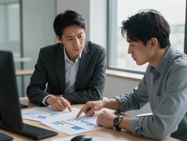 Medium shot of two professionals in a modern office reviewing printed org charts spread across a desk, one pointing at a chart, soft window light from the right side