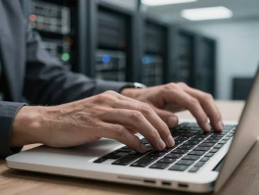 Close-up of hands typing on a laptop keyboard with a server rack softly visible in the background, natural office overhead lighting, focused and purposeful framing