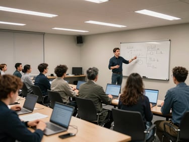 Wide shot of a half-populated conference room, one person standing at a whiteboard mid-explanation to seated colleagues with open laptops, soft overhead office lighting, genuine mid-session atmosphere