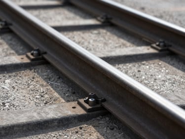 Extreme close-up of heavy-duty steel tracks and polyurethane insulated panel joints of an industrial sectional door, sharp daylight.