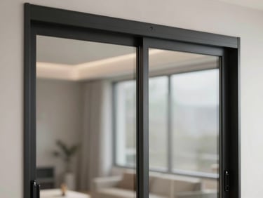 Sleek automatic sliding glass door with slim matte black aluminum profiles, smart radar sensor visible at the top, clean reflection.