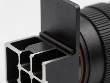 Extreme close-up of a black anodized aluminum profile joint showing the rubber EPDM seals, high-contrast studio lighting.