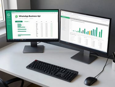 Overhead wide shot of a desk with two monitors showing WhatsApp Business API analytics and a spreadsheet of campaign KPIs, cool daylight from the left, no faces, clean workspace