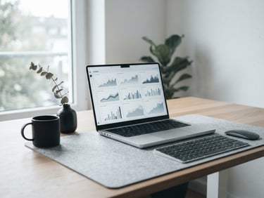 Minimalist workspace setup with a sleek laptop displaying clean analytics charts, soft natural light, cool desaturated tones, 35mm lens.