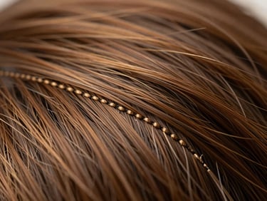 Macro close-up of a genius weft seam, showing the precise flat hand-tied stitching and clean raw hair alignment, warm studio light