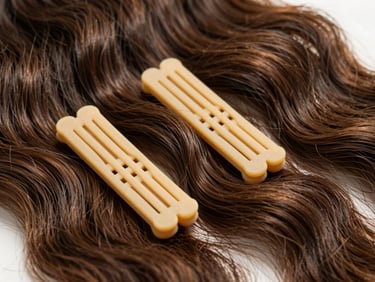 Tactile shot of clip-in extensions and butterfly wefts, showing the secure silicone-lined clips and natural wave pattern, soft gold accents