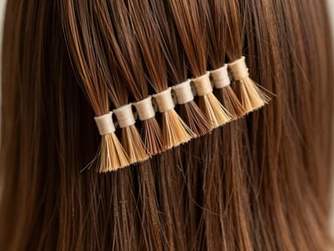 Close-up of premium keratin tips and tape-in tabs, showcasing the clean medical-grade bonds and rich brown hair texture, shallow depth of field