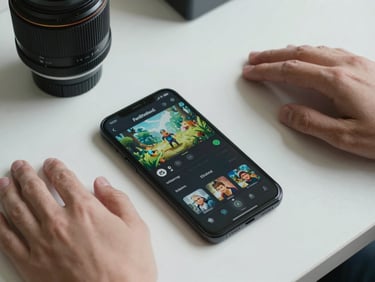 Overhead flat-lay of an Android phone on a desk showing a game interface, hands resting beside the device, natural daylight, clean surface