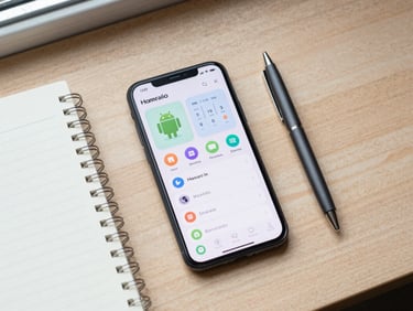 Overhead flat-lay of an Android phone on a light wood desk showing a clean productivity app interface, a notepad and pen beside it, natural window light filling the scene evenly
