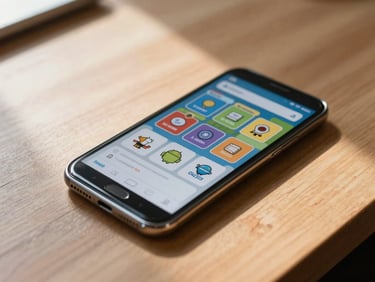 Android phone lying on a wooden desk showing a strategy card game interface with clean iconography, natural window light casting soft shadows