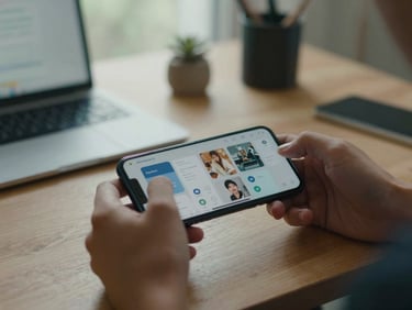 Wide environmental shot of a person's hands using an Android phone at a standing desk, app interface in focus on screen, soft natural light from a nearby window, workspace items blurred in background, purposeful and calm atmosphere