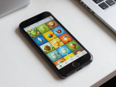Overhead flat-lay of Android phone showing a colorful puzzle game grid interface, natural daylight, clean white desk surface beneath