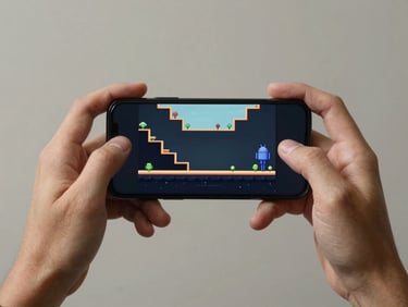 Hands holding Android phone in portrait mode showing a minimalist platformer game with bold geometric levels, daylight from above, neutral background