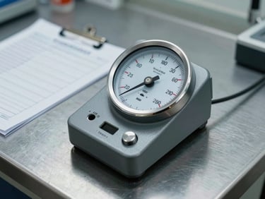 Primer plano de un manómetro digital calibrado y una planilla de control técnico sobre una superficie metálica limpia, luz de laboratorio.