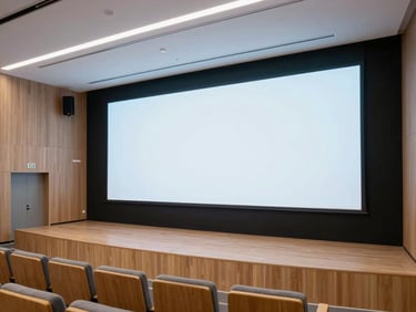 Pristine modern auditorium with tiered seating, clean wood paneling, a massive bright LED display wall, cool architectural lighting, 35mm.