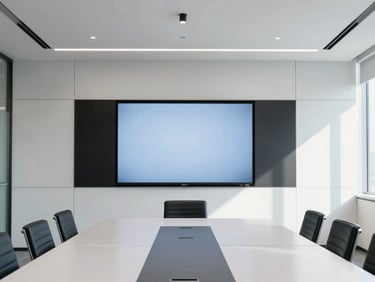 Wide architectural shot of a minimalist corporate boardroom with a large active video conferencing screen, flush-mounted ceiling microphones, cool daylight, 35mm.