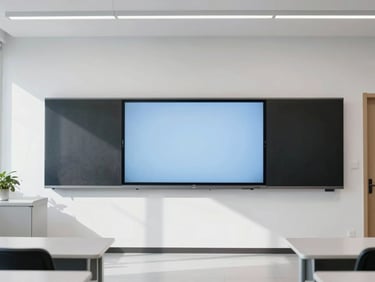 Bright interactive classroom in a modern college, clean minimalist design, large active touchscreen display on the front wall, natural daylight, 35mm