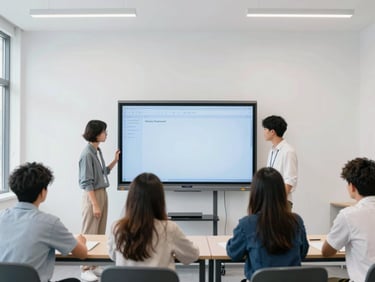 Bright modern classroom with an interactive touch display, students collaborating naturally, clean white walls, natural daylight, 35mm.
