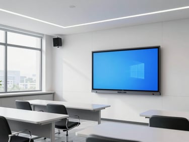 Bright modern classroom with an interactive touch display active on the front wall, clean minimalist desks, natural light pouring in from large windows, professional educational environment.