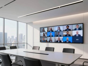 Pristine modern boardroom with active video conferencing displays showing remote participants, clean architectural lines, cool daylight, 35mm