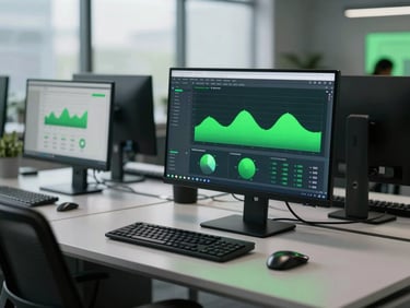 A clean modern office workspace with high-contrast monitor showing analytics, subtle green ambient glow, professional tech environment.