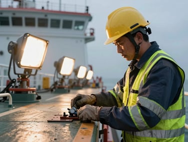 Close-up of a technical superintendent in high-visibility gear working on the deck plates of a commercial vessel under harsh industrial work lights.