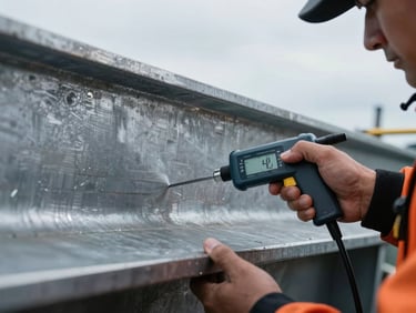 Close-up of a marine surveyor measuring hull steel thickness with an ultrasonic gauge, overcast daylight, steel textures.