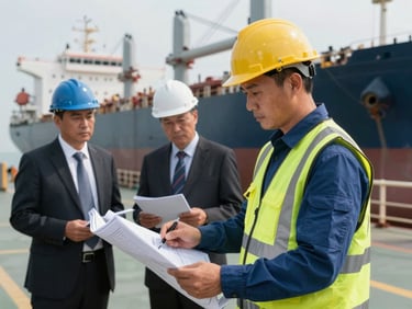 A technical superintendent in high-visibility gear reviewing blueprints with a class society inspector on the deck of a bulk carrier.