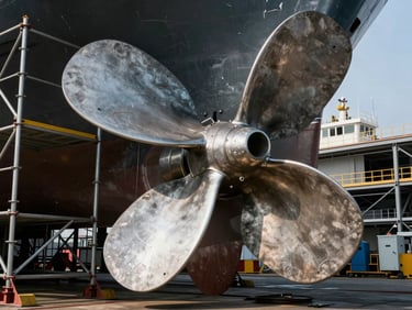 Close-up of a massive ship propeller and rudder assembly in drydock, industrial scaffolding visible, harsh daylight highlighting steel textures.