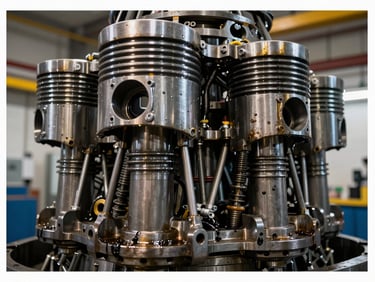 Macro shot of a massive ship engine piston and cylinder head during maintenance, harsh industrial work lights, oily metallic surfaces.