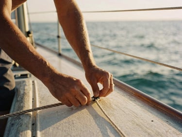 Candid close-up of hands working lines on a weathered sailboat deck, natural golden hour light, 35mm film.