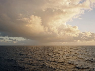 Wide environmental shot of a stormy ocean horizon, dark clouds gathering over coastal waters.