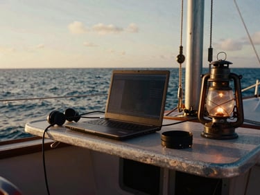 Messy navigation table inside a sailboat cabin, laptop screen glowing in low-light, oil lamp nearby.