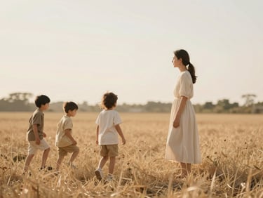 Children playing in a sunlit field, mother watching, warm editorial photography, cream and earth tones, shallow depth of field
