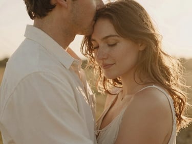 Candid shot of a couple embracing at golden hour, soft focus, warm editorial photography, cream and earth tones