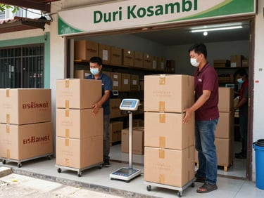 Bright realistic photography of a local Indonesian logistics storefront in Duri Kosambi, staff weighing heavy boxes on digital scales, natural daylight, sharp focus, 35mm lens