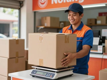 Bright realistic photography of a friendly Indonesian logistics worker weighing a heavy cardboard box on a digital scale inside a clean local storefront, orange and red branding colors visible, natural light, 35mm lens
