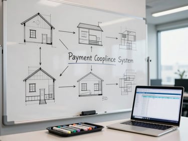 Whiteboard covered in architecture diagrams for a payment compliance system, dry-erase markers resting on the tray, a laptop open beside it showing audit log output, north-facing daylight from an office window