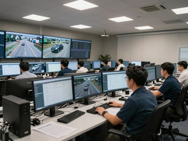 Wide shot of a logistics operations room, multiple monitoring screens displaying real-time fleet tracking dashboards, engineers seated at workstations in focus, neutral overhead lighting, no posed elements