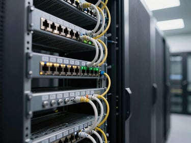 Close-up of a server rack mid-migration, cables neatly labeled and routed, a network switch with active port LEDs, natural overhead lighting in a data center corridor, no people visible