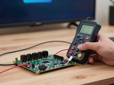 Primer plano de un multímetro probando los circuitos de una tarjeta de video de Smart TV
