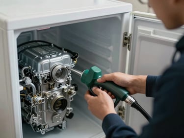Técnico midiendo la presión del gas refrigerante en el motor de una nevera moderna