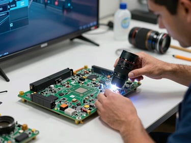 Manos profesionales de un técnico soldando con precisión un componente en la tarjeta principal de un Smart TV LED sobre un banco de trabajo limpio.