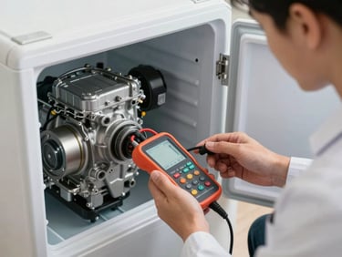 Primer plano de un técnico especializado revisando el motor compresor de una nevera moderna con un multímetro digital, entorno doméstico limpio y ordenado.
